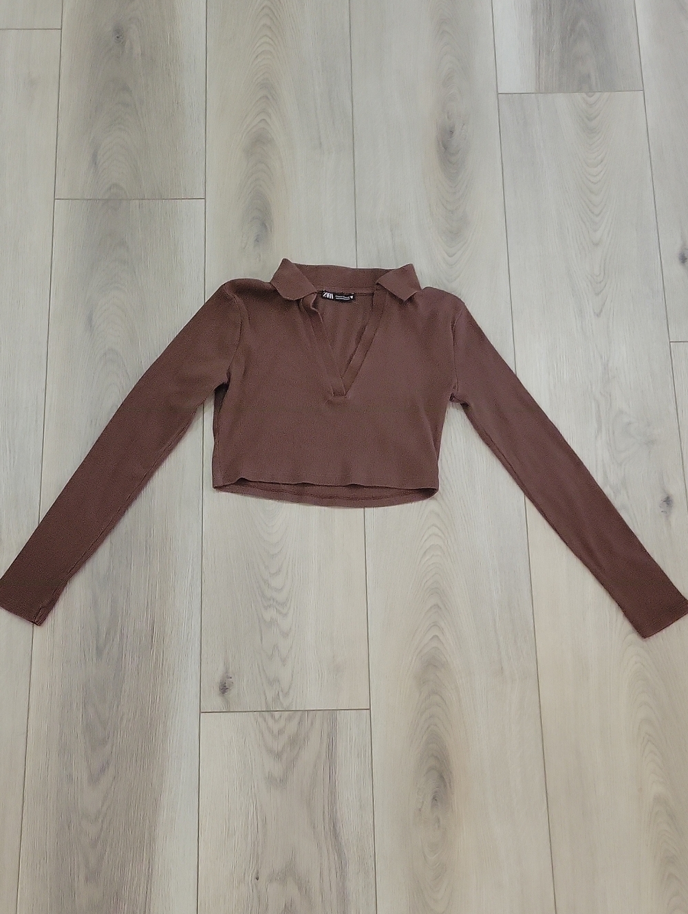 Zara Brown Ribbed Long-Sleeve Cropped Polo